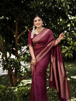 Anjaneya Sarees - Maroon Woven Banarasi Silk Designer Kanjivaram Saree with Unstitched Blouse