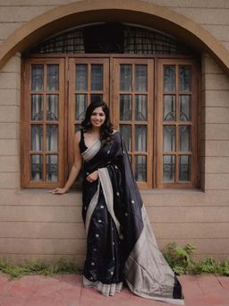 Anjaneya Sarees - Black Woven Banarasi Silk Designer Kanjivaram Saree with Unstitched Blouse