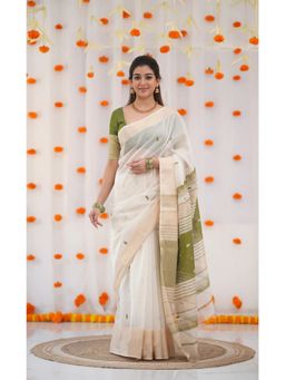 Anjaneya Sarees - Beige Woven Banarasi Silk Designer Kanjivaram Saree with Unstitched Blouse