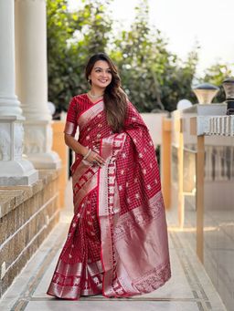 Anjaneya Sarees - Red Woven Banarasi Silk Designer Kanjivaram Saree with Unstitched Blouse