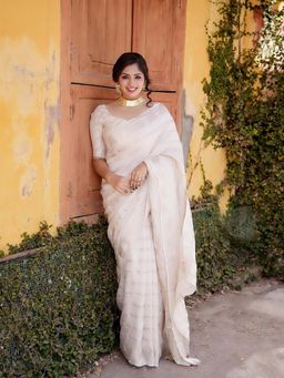 Anjaneya Sarees - Beige Woven Banarasi Silk Designer Kanjivaram Saree with Unstitched Blouse