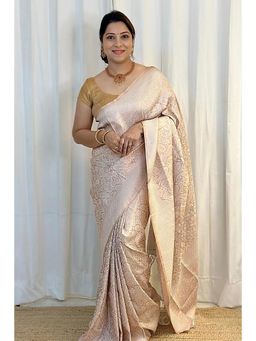 Anjaneya Sarees - Ivory Woven Banarasi Silk Designer Kanjivaram Saree with Unstitched Blouse