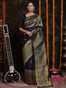 Anjaneya Sarees - Black Woven Banarasi Silk Designer Kanjivaram Saree with Unstitched Blouse