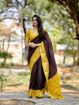 Anjaneya Sarees - Brown Woven Banarasi Silk Designer Kanjivaram Saree with Unstitched Blouse