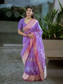 Anjaneya Sarees - Purple Woven Banarasi Silk Designer Kanjivaram Saree with Unstitched Blouse