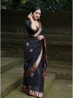 Anjaneya Sarees - Black Woven Banarasi Silk Designer Kanjivaram Saree with Unstitched Blouse