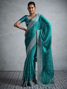 Sareemall - Women's Chiffon Teal Blue Embroidered Designer Saree with Unstitched Blouse