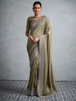 Sareemall - Women's Vichitra Silk Olive Embellished Designer Saree with Unstitched Blouse