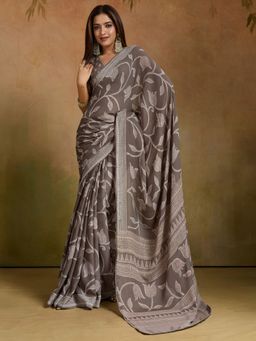 Sareemall - Women's Georgette Brown Printed Designer Saree with Unstitched Blouse