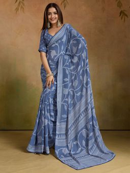 Sareemall - Women's Georgette Light Blue Printed Designer Saree with Unstitched Blouse