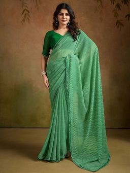 Sareemall - Women's Georgette Green Printed Designer Saree with Unstitched Blouse