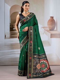 Sareemall - Women's Silk Blend Dark Green Printed Designer Saree with Unstitched Blouse