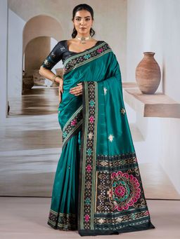 Sareemall - Women's Silk Blend Teal Green Printed Designer Saree with Unstitched Blouse