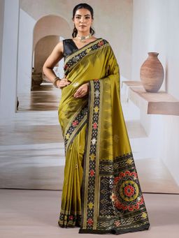 Sareemall - Women's Silk Blend Olive Printed Designer Saree with Unstitched Blouse