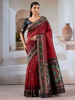Sareemall - Women's Silk Blend Maroon Printed Designer Saree with Unstitched Blouse