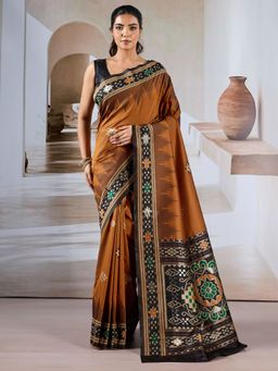 Sareemall - Women's Silk Blend Brown Printed Designer Saree with Unstitched Blouse