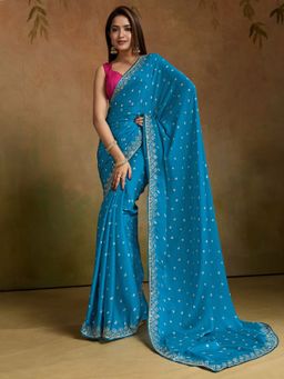 Sareemall - Women's Chiffon Light Blue Printed Designer Saree with Unstitched Blouse