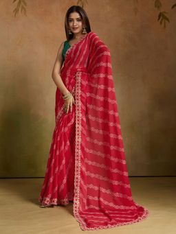 Sareemall - Women's Chiffon Red Printed Designer Saree with Unstitched Blouse