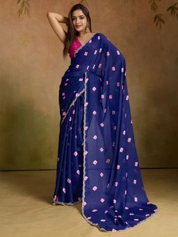 Sareemall - Women's Chiffon Blue Printed Designer Saree with Unstitched Blouse