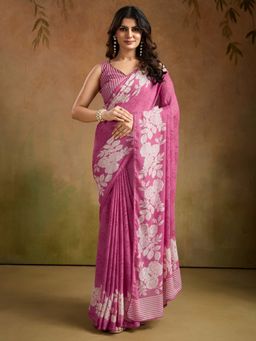 Sareemall - Women's Georgette Pink Printed Designer Saree with Unstitched Blouse