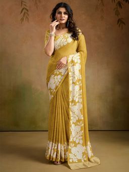 Sareemall - Women's Georgette Mustard Printed Designer Saree with Unstitched Blouse