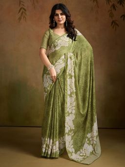 Sareemall - Women's Georgette Olive Printed Designer Saree with Unstitched Blouse