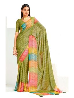 Stylum - Women's Rama Green Bandhani Printed Shimmer Net Saree with Unstitched Blouse