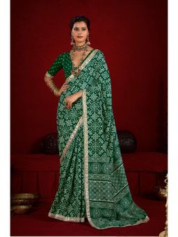 Stylum - Women's Rama Green Patola Printed Silk Blend Saree with Unstitched Blouse