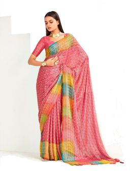Stylum - Women's Pink Bandhani Printed Shimmer Net Saree with Unstitched Blouse