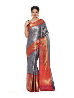Banarasi Silk Works - Blue Kanchi Silk Maroon Pattu Border Saree with Unstitched Blouse