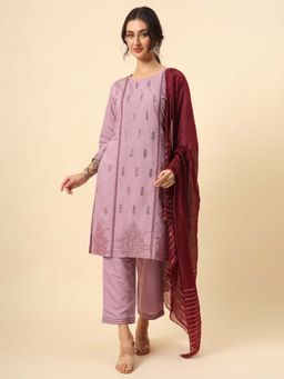 VAIRAGEE - Women Purple Silk Embroidered Straight Kurta with Pant & Dupatta (Set of 3)