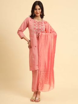 VAIRAGEE - Women Pink Silk Embroidered Straight Kurta with Pant & Dupatta (Set of 3)