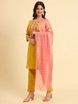 VAIRAGEE - Women Mustard Silk Embroidered Straight Kurta with Pant & Dupatta (Set of 3)