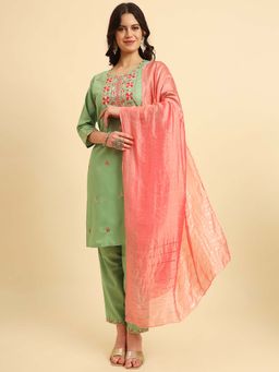 VAIRAGEE - Women Green Silk Embroidered Straight Kurta with Pant & Dupatta (Set of 3)