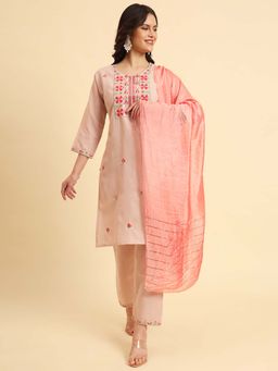 VAIRAGEE - Women Peach Silk Embroidered Straight Kurta with Pant & Dupatta (Set of 3)