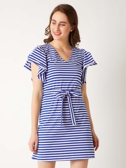 Miss Chase - Women's Blue and White V-Neck Cotton Striped Ruffled Belted Mini Shift Dress