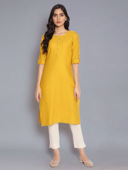 W - Yelloround Neck Solid Kurta