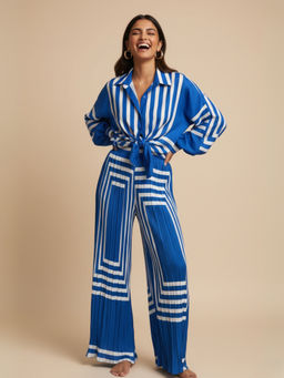 WomanLikeU - Blue Stripes Shirt with Pant