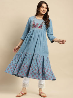 Rangita - Women Cotton Light Blue Embroidered Calf Length Anarkali Kurta with Pant (Set of 2)