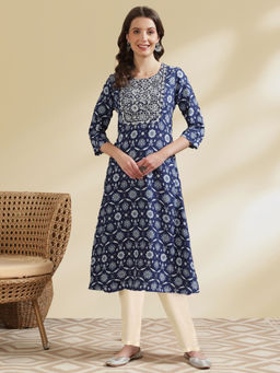 Rangita - Women Rayon Blue Embroidered Calf Length A-Line Kurta with Pant (Set of 2)