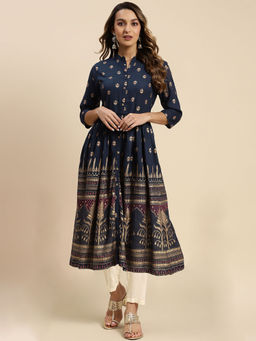 Rangita - Women Rayon Navy Printed Calf Length Anarkali Kurta with Pant (Set of 3)