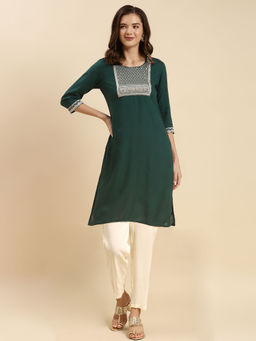 Rangita - Women Rayon Green Embroidered Knee Length Straight Kurta with Pant (Set of 2)
