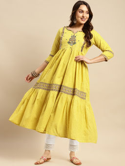 Rangita - Women Cotton Lime Green Embroidered Calf Length Anarkali Kurta with Pant (Set of 2)