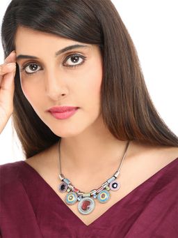 Yellow Chimes - Blue and Purple Silver-Plated Circle Shaped Coin Choker Necklace