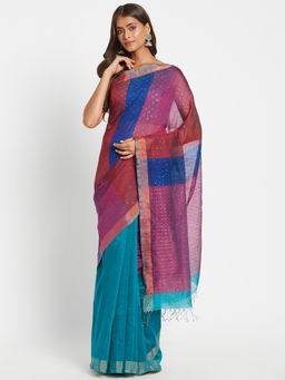 Fabindia - Pink Linen Blend Woven Saree without Blouse