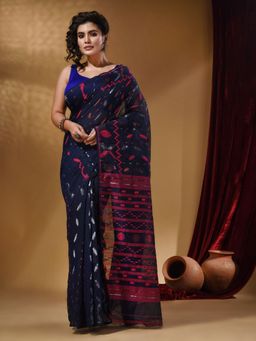 Arhi - Navy Blue Cotton Handwoven jamdhani Saree with Multicolor Designs and Motifs