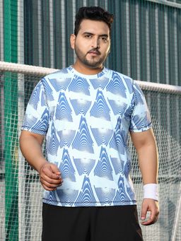 Instafab Plus - Men's Cream White and Aegean Blue Fade-Imprint Activewear T-Shirt