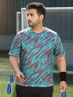 Instafab Plus - Men's Aqua Blue and Charcoal Black Contrast-Stroke Activewear T-Shirt