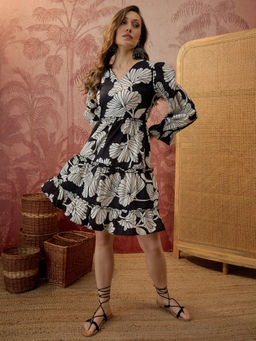 CLO - Women Black Floral Knee Length Dress