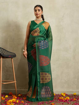 RACHNA - Green Abstract Print Silk Predrape Saree